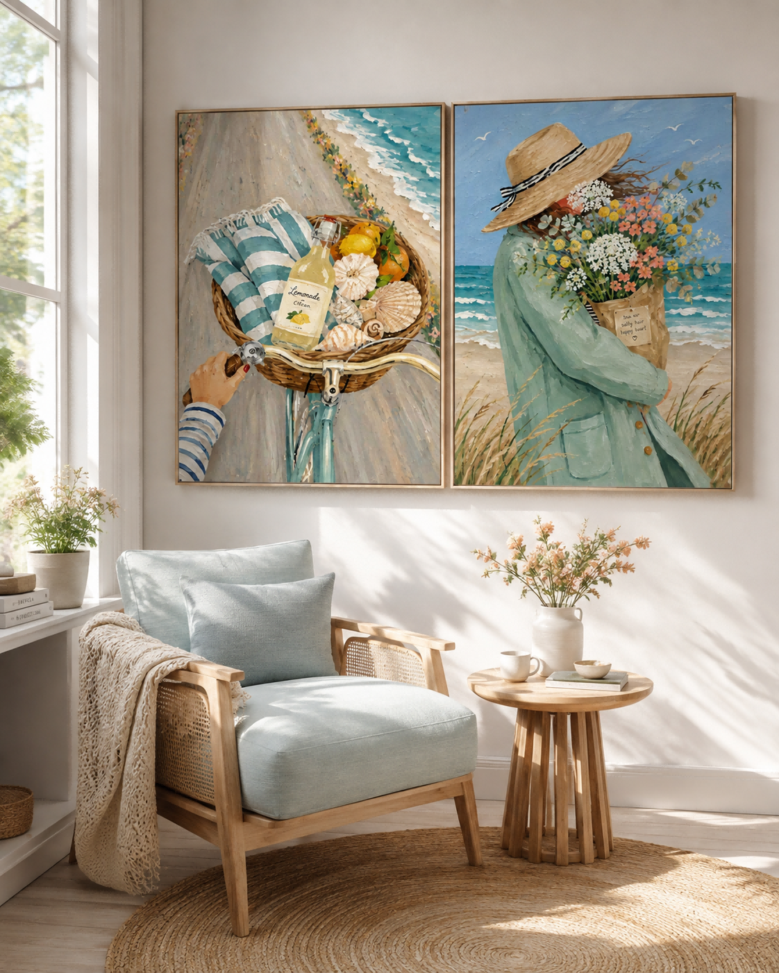 Seaside Bicycle And Flower Girl Hand-Painted Diptych Canvas Art With Blue Ocean