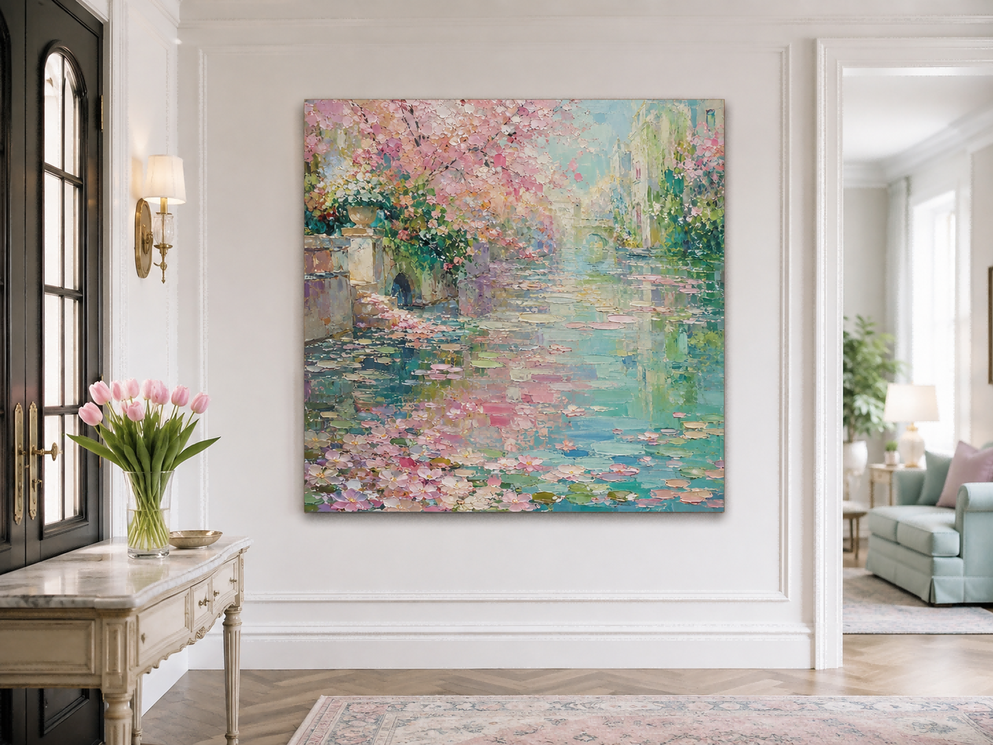 Modern Impressionist Style Pink And Green Textured Wall Art With Flowers