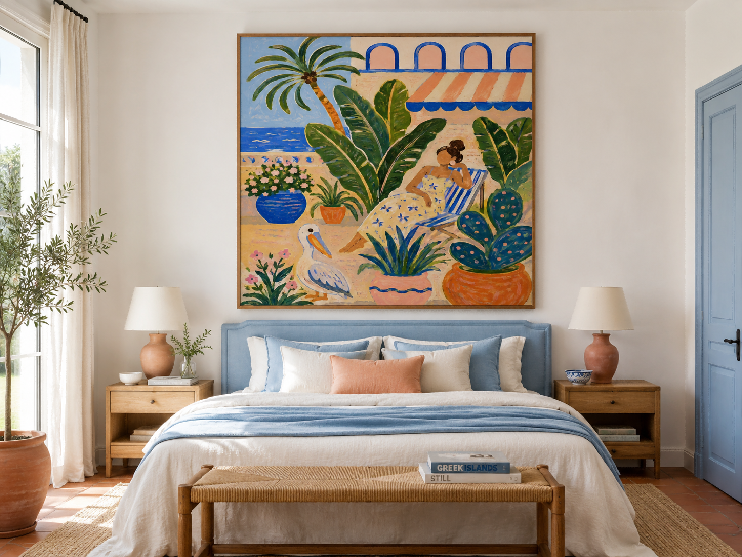 Art Deco Inspired Fantasy Beach Scene Original Canvas Painting With Bold Colors