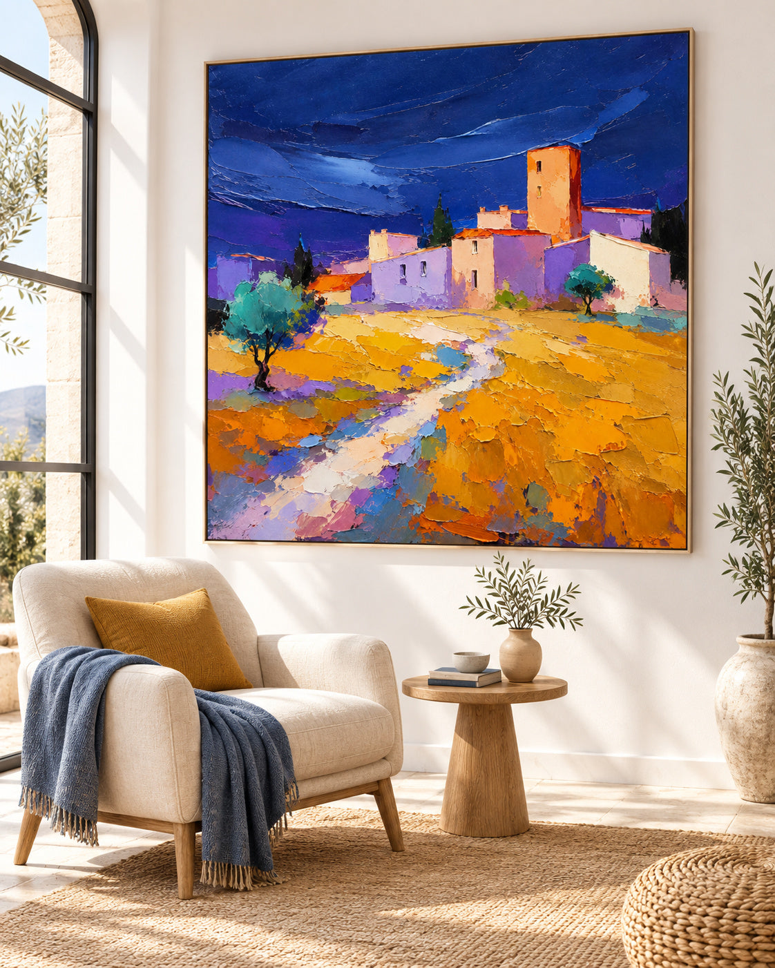 Impressionist Style Textured Canvas Painting With High Saturation Blue And Yellow Colors