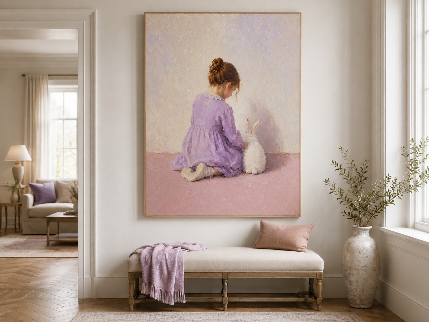 Classic Nursery Wall Art Girl And Bunny Painting For Kids Room