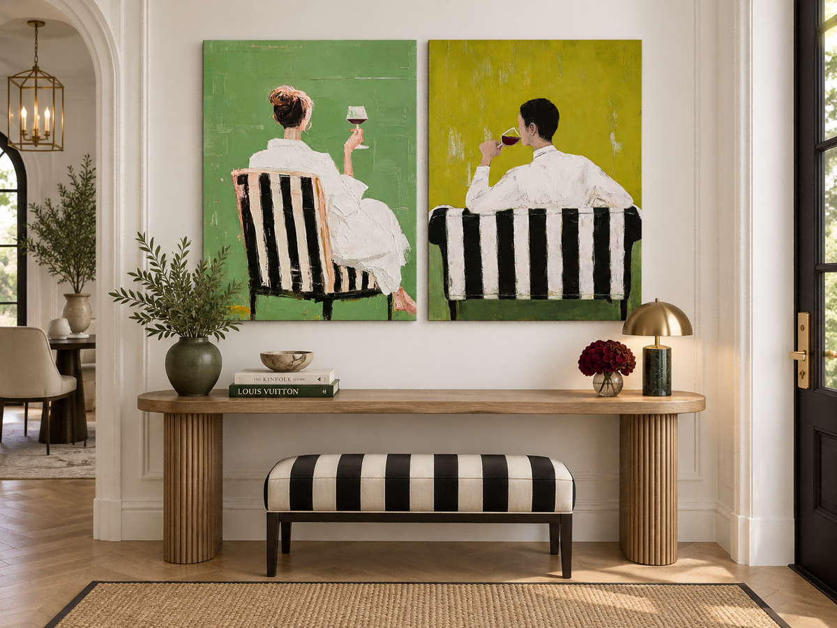 Modern Living Room Wall Art Diptych Of Wine Lovers In Green Tones