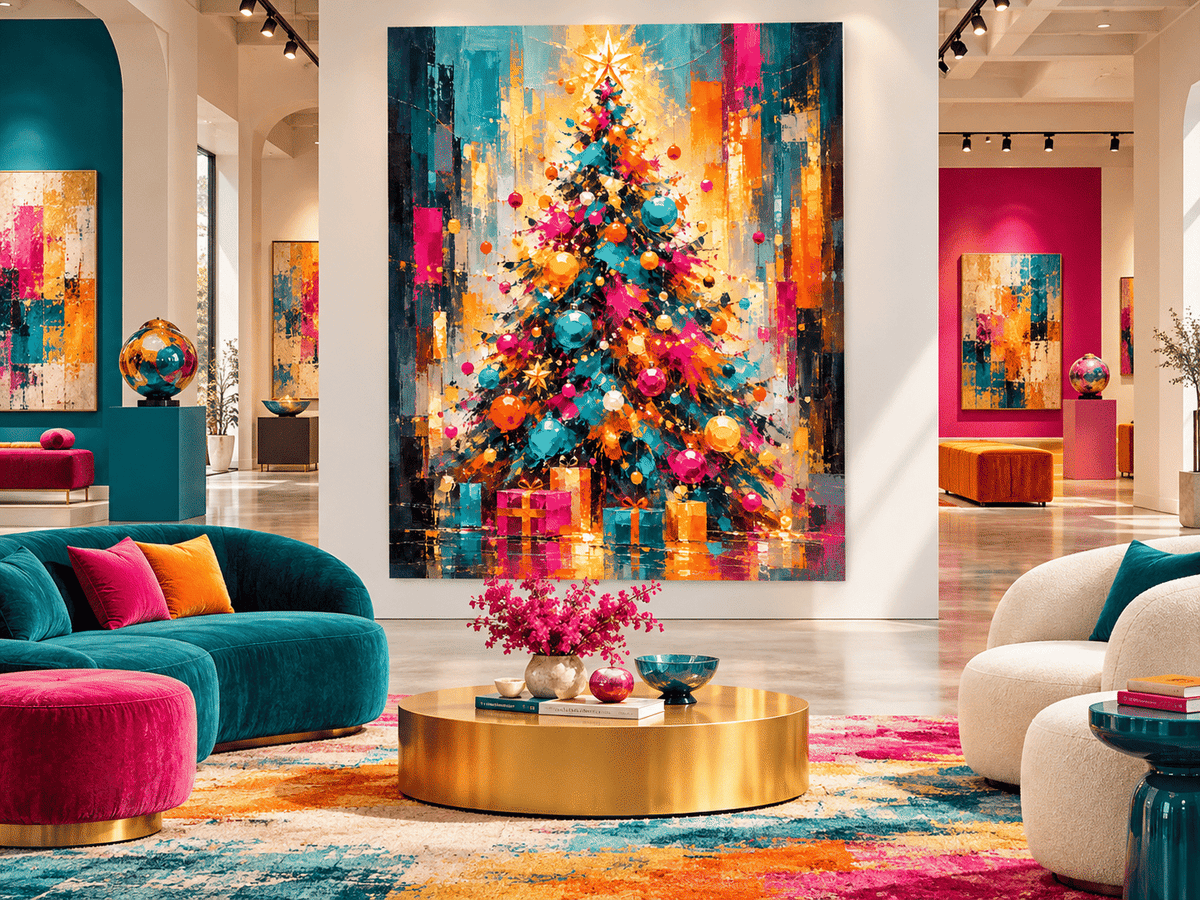Abstract Christmas Tree Canvas Painting With Gold And Blue Ornaments Textured Canvas With Vintage Vibes