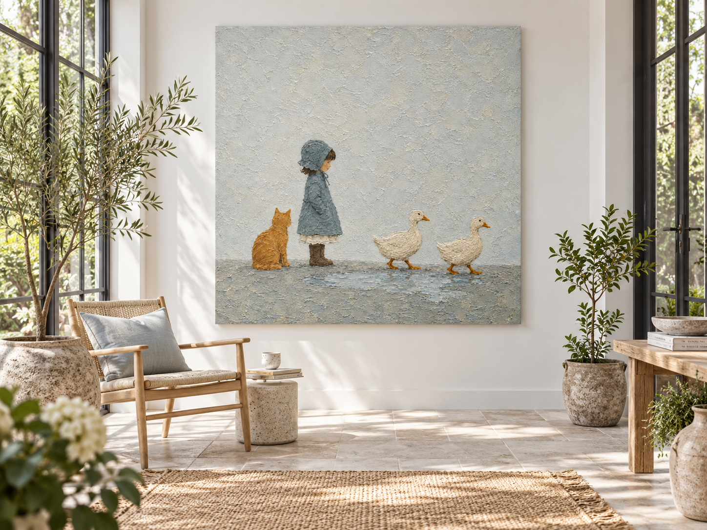 Modern Naive Art Canvas Painting Textured Abstract Animal Scene