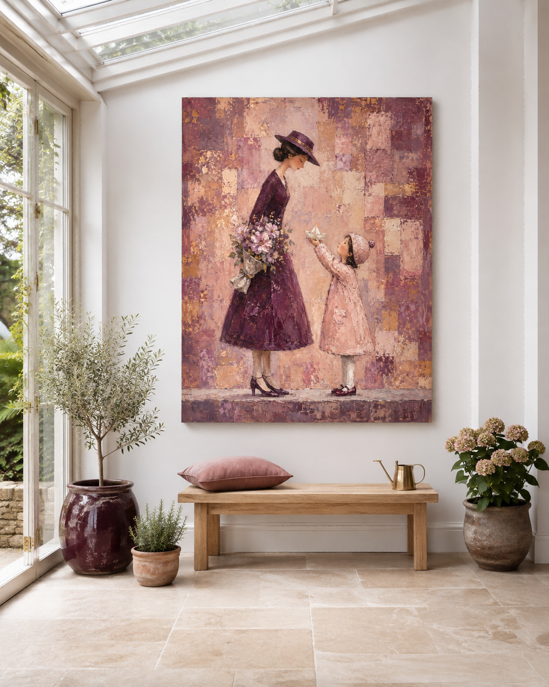 Abstract Modern Illustration Of Motherhood In Purple Textured Canvas Wall Art