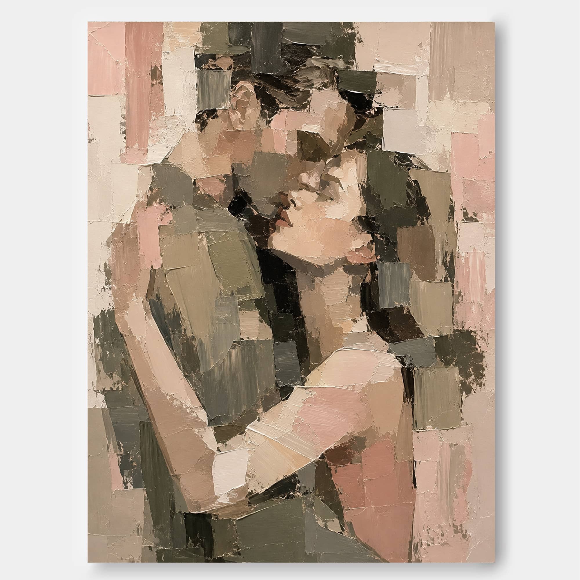 Modern Abstract Oil Painting Of Lovers Embrace With Geometric Impasto Texture For Bedroom Wall Art Decor