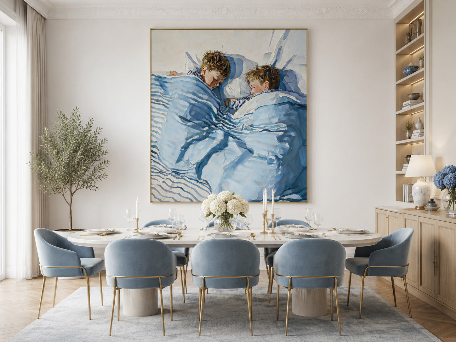 Original Sleeping Children Artwork Soft Blue Linen Texture For Kids Nursery