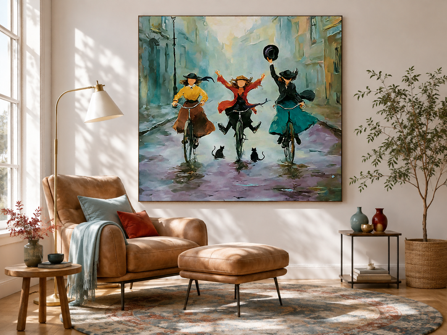 Impressionist City Life Painting Of Women Cycling In Rain With Cats