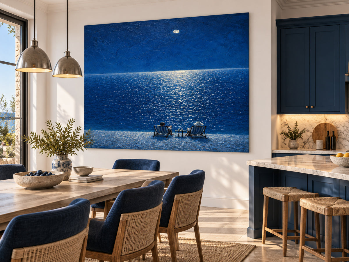Moonlit Beach Couple Hand-Painted Canvas Art Deep Blue Sea