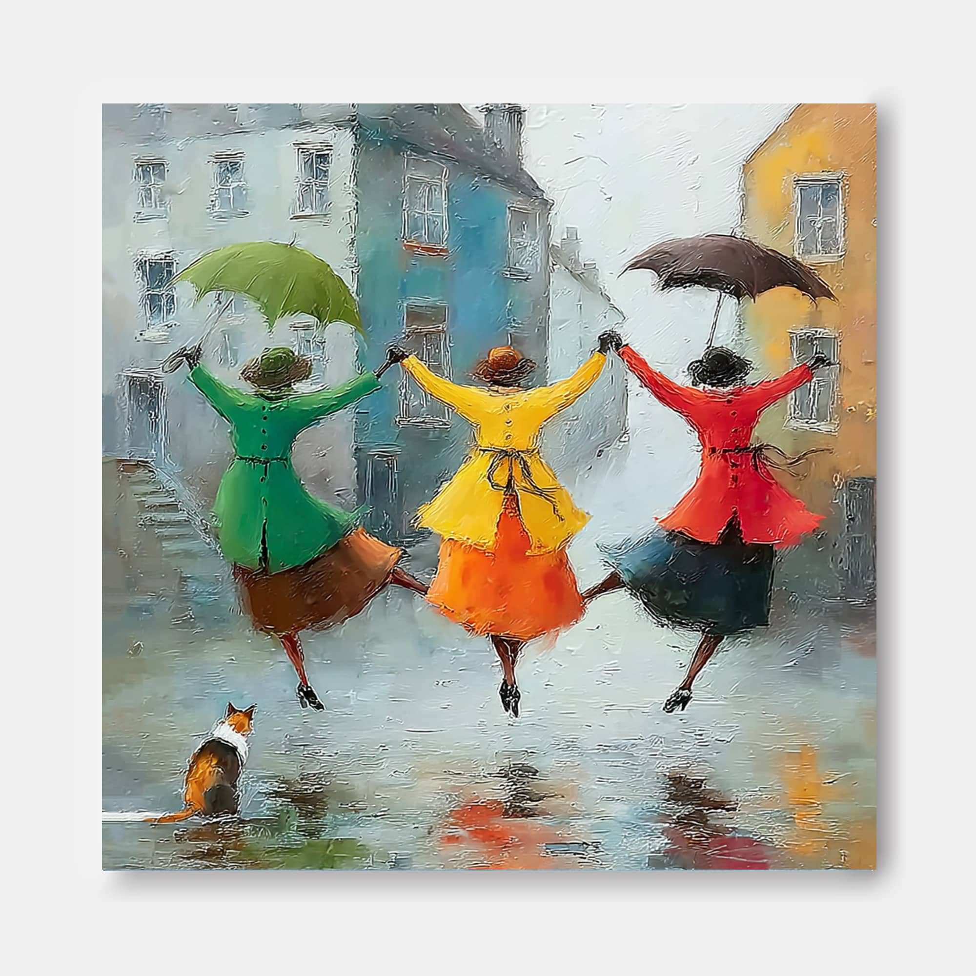 Joyful Friendship Canvas Art Depicting Women Dancing In Rainy City Street