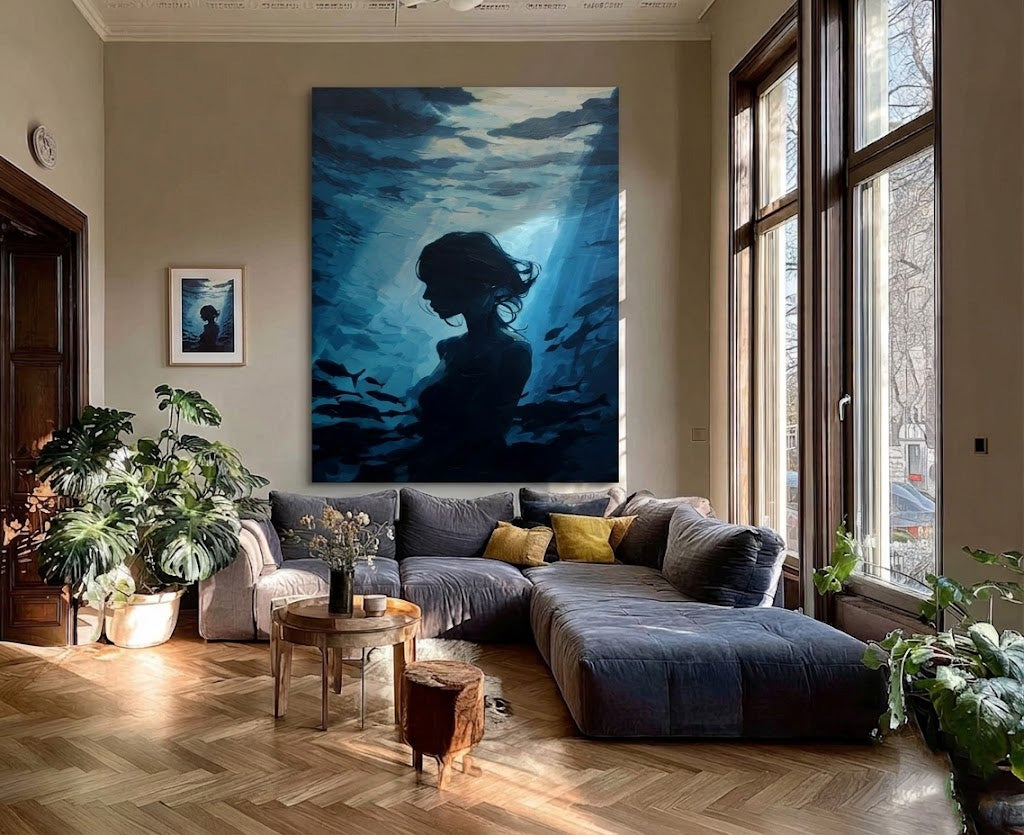 Blue Underwater Woman Portrait Oil Painting On Linen Canvas For Living Room Decor