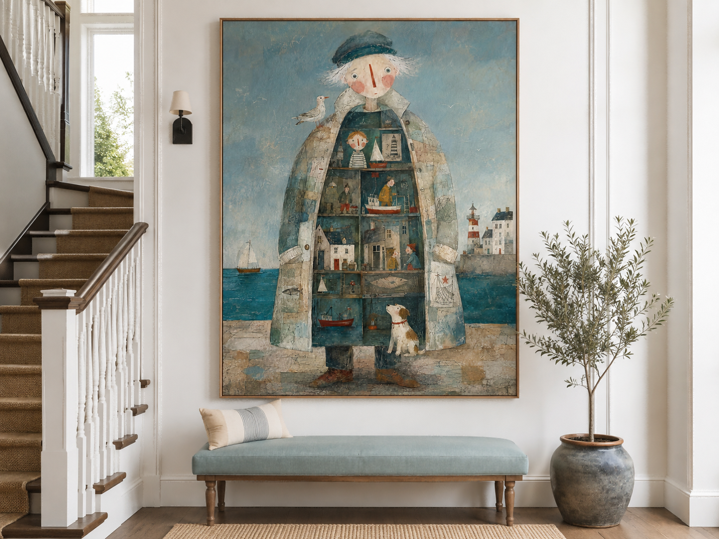 Abstract Surrealist Folk Art Painting With Textured Brushwork