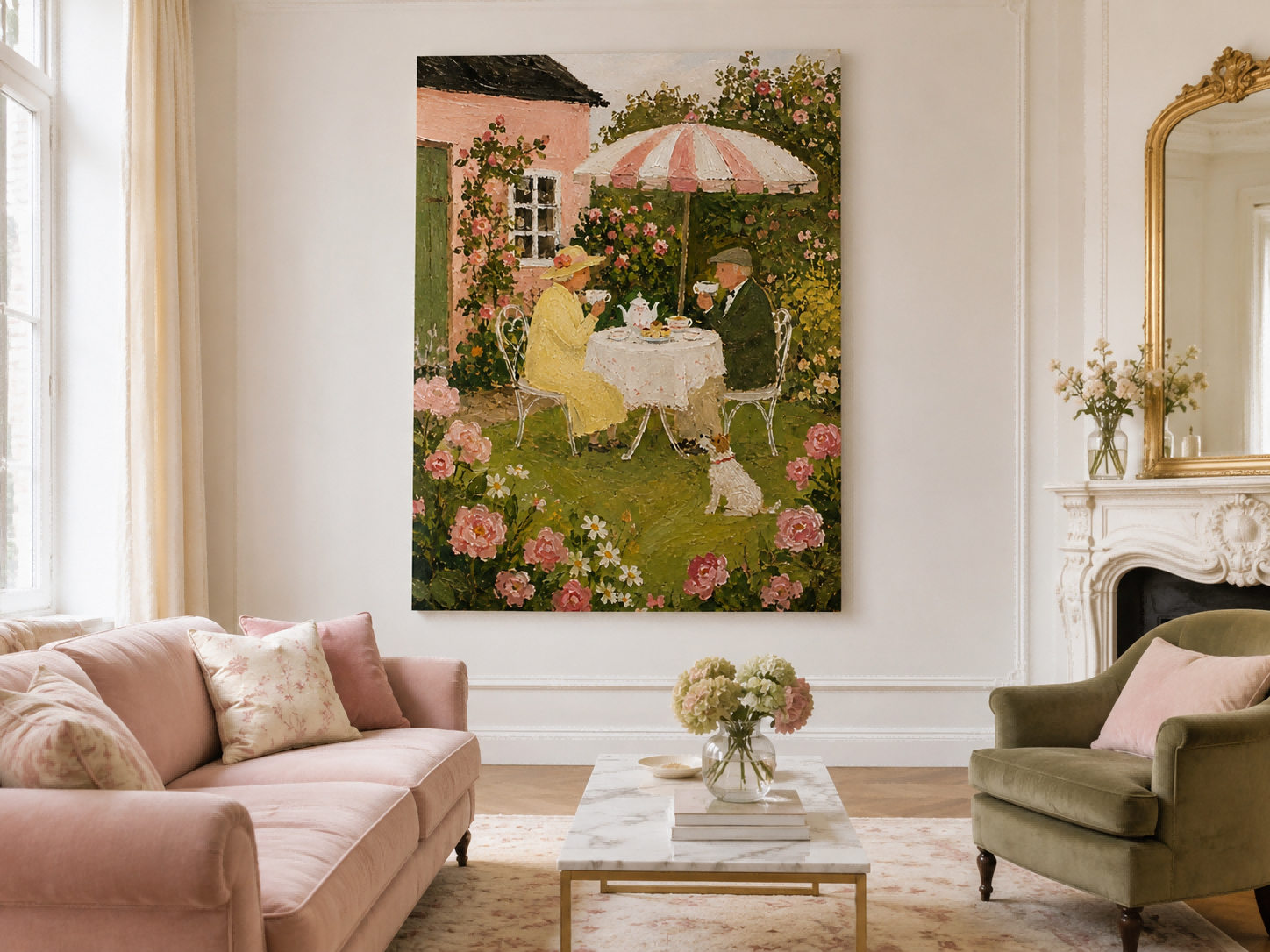 Vintage Romantic Oil Style Wall Art With Pink Roses And Tea Time Atmosphere