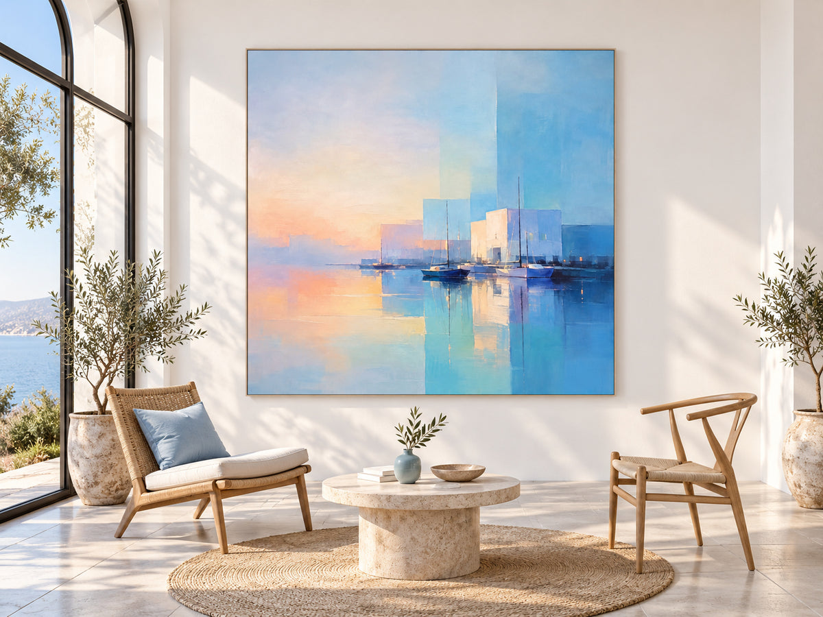 Minimalist Geometric Ocean Painting In Soft Colors For Modern Interiors