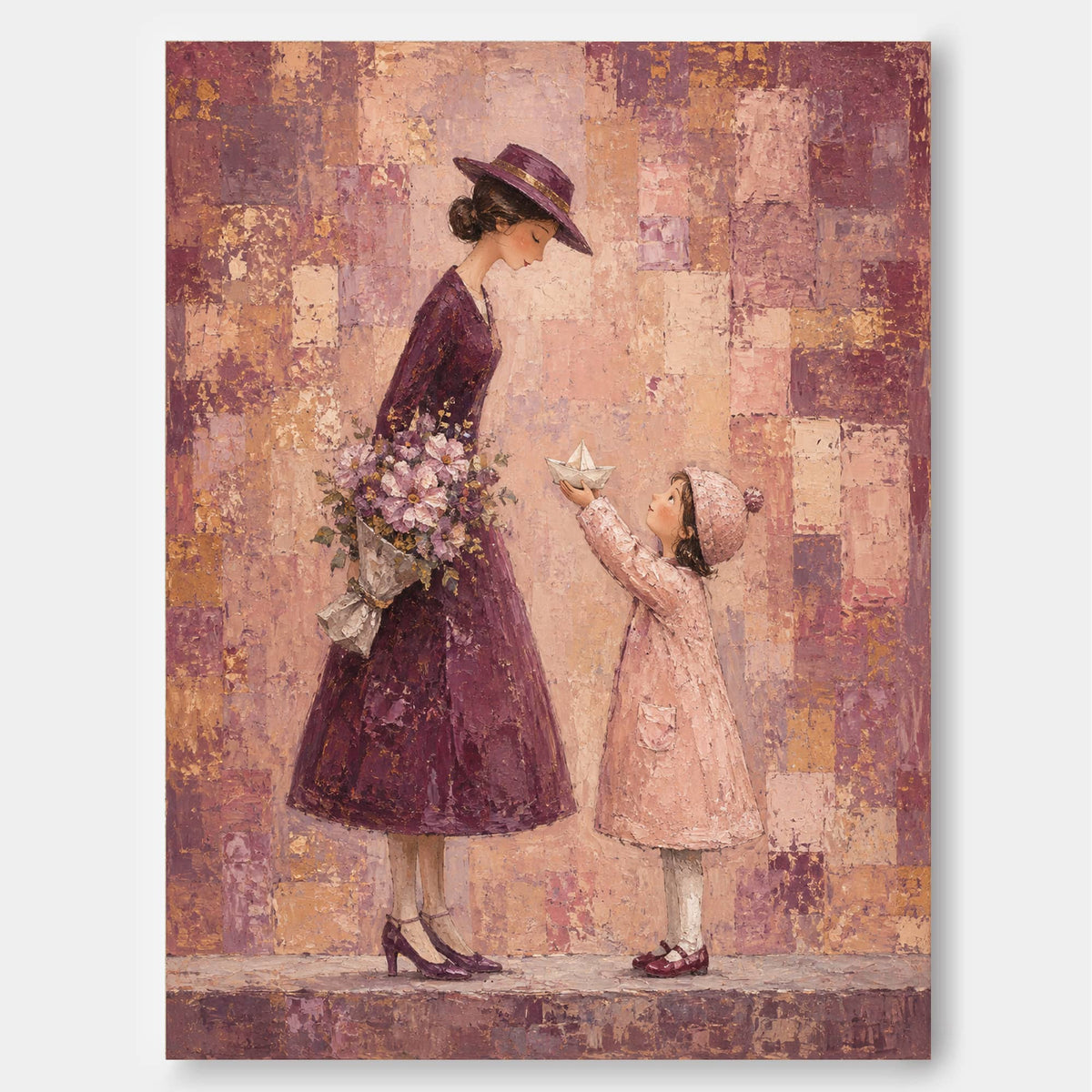 Abstract Modern Illustration Of Motherhood In Purple Textured Canvas Wall Art