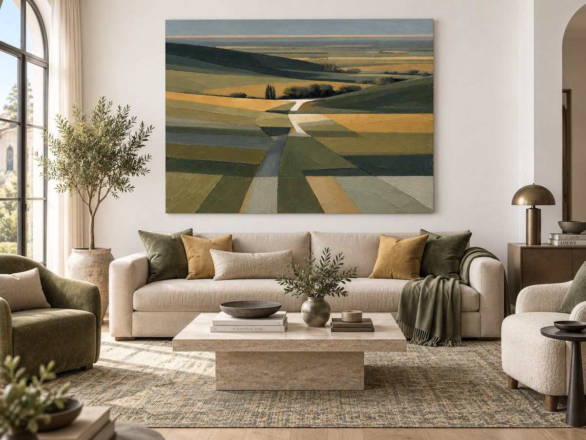 Minimalist Impressionist Oil Painting With Geometric Fields And Moody Sky