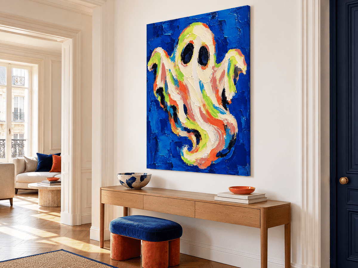 Hand-Painted Neon Ghost Abstract Art On Deep Blue Canvas
