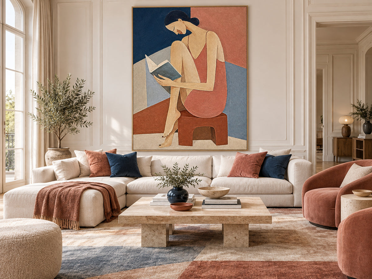 Woman Reading Portrait In Pink And Blue Hand-Painted Modern Canvas Art