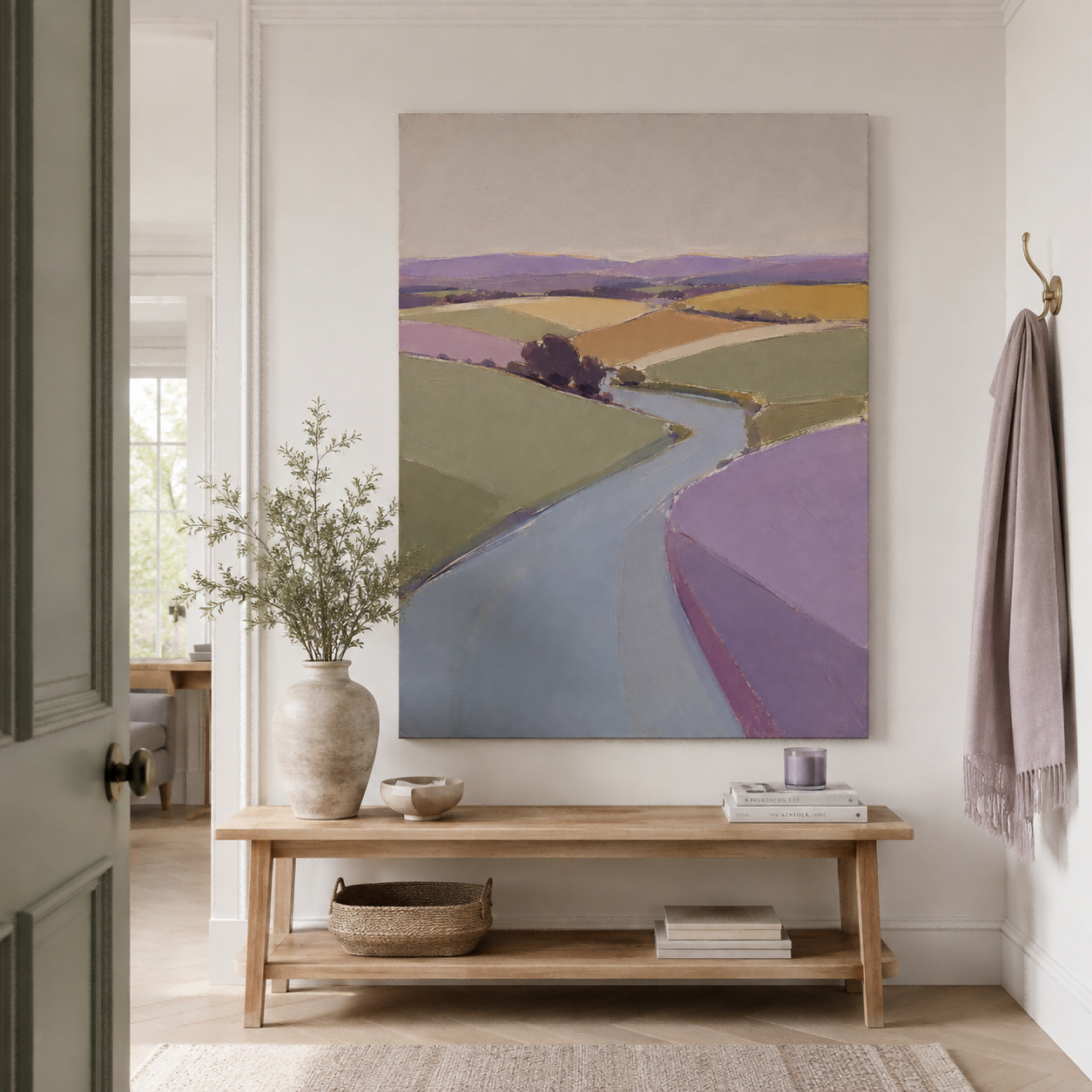Geometric Abstract Art Canvas Featuring Serene Purple And Green Countryside Scene