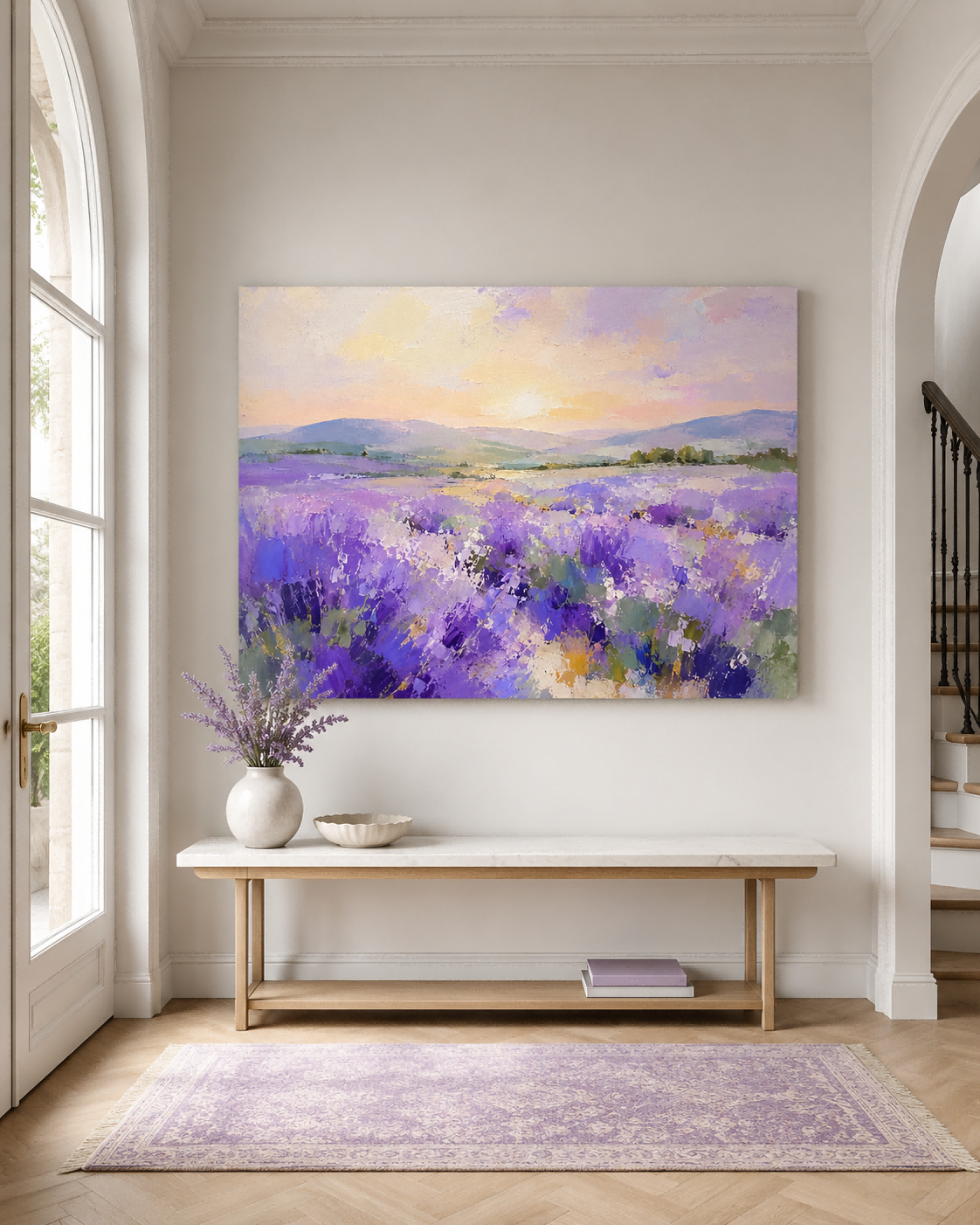 Hand-Painted Lavender Field Landscape Canvas Art With Sunset Mountains
