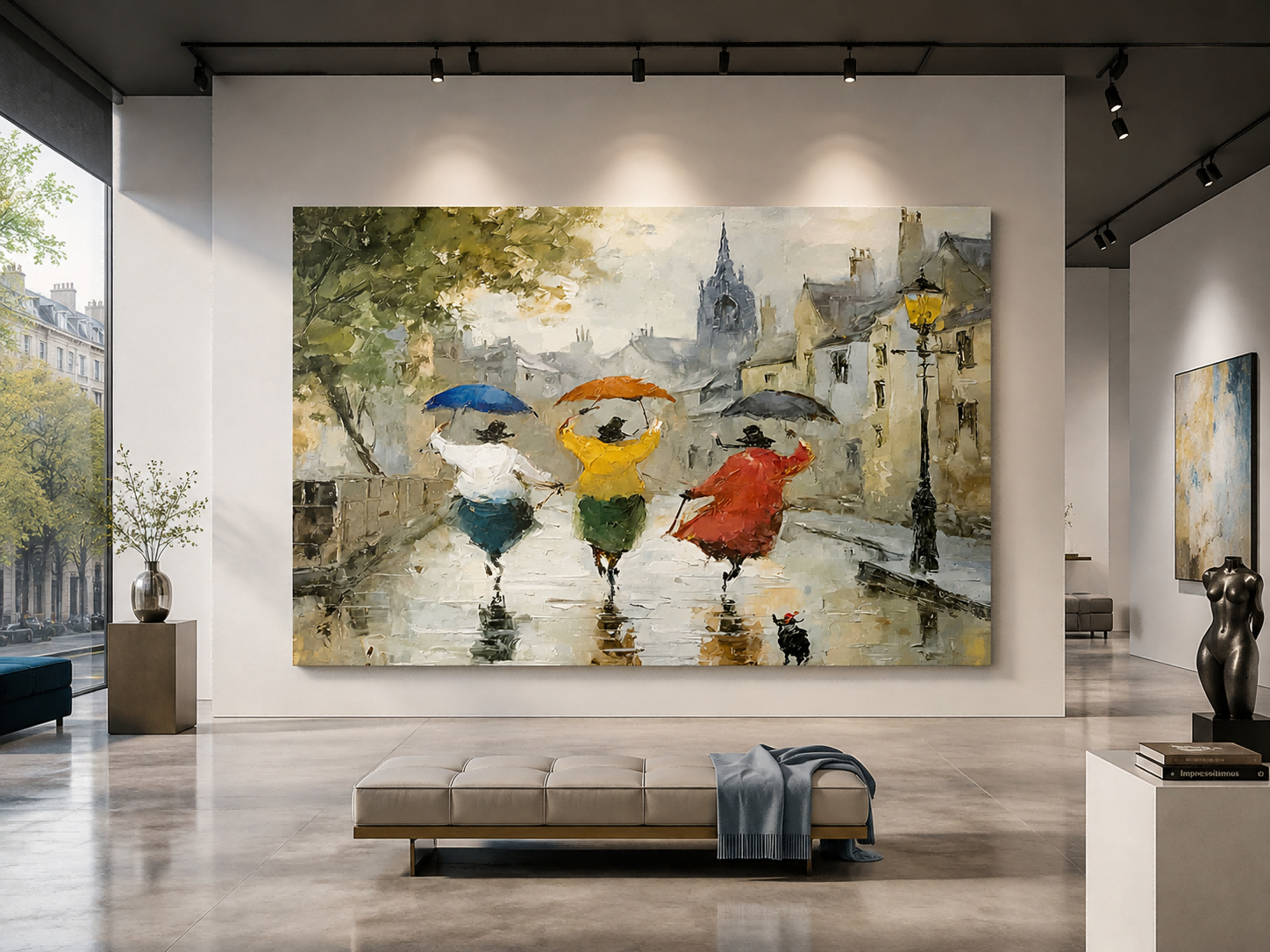 Vintage City Life Canvas Art Featuring Friends Running In Rain With Umbrellas And Lamp Post