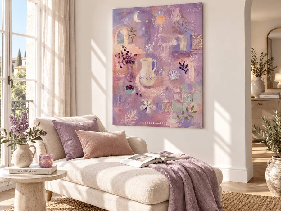 Romantic Vintage Geometric Abstract Painting In Soft Morandi Purple Tones