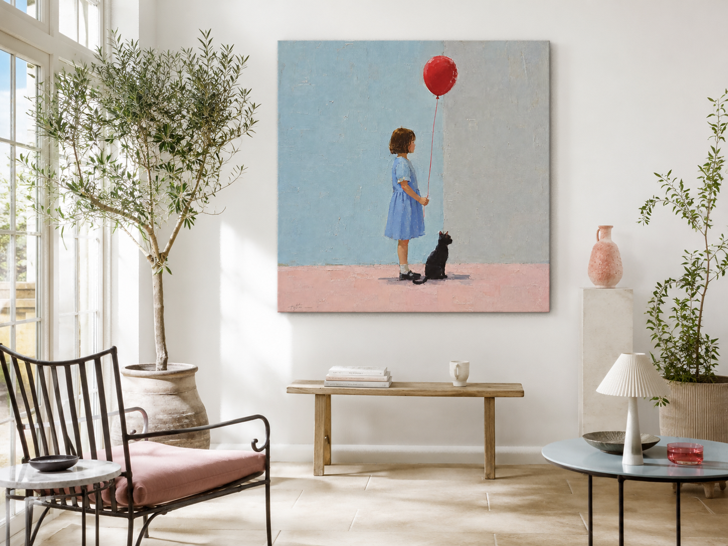 Modern Figurative Wall Art For Living Room Blue Pink Gray Color Scheme