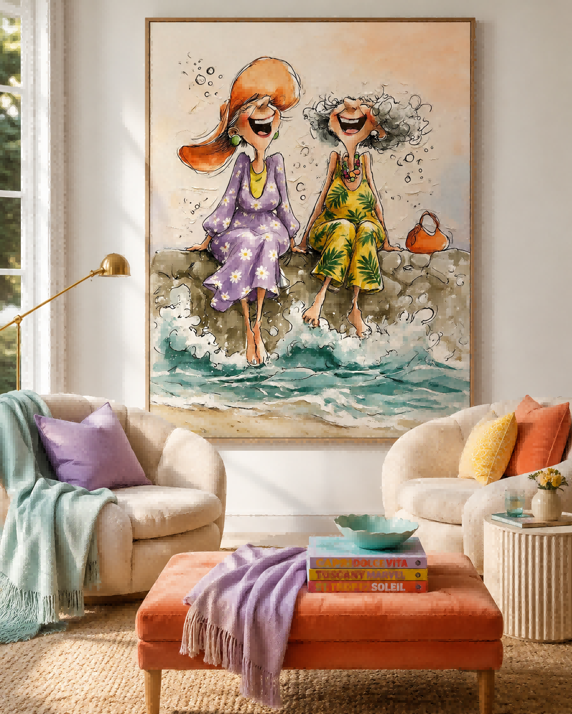 Whimsical Illustrative Oil Painting Of Women At Beach With Textured Canvas Finish