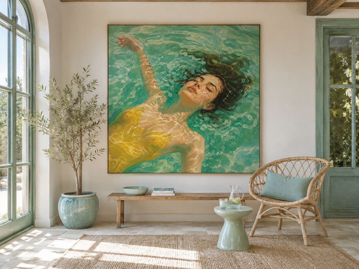 Realistic Oil Painting Of Woman Floating In Pool With Sunlight And Green Water For Modern Home Decor