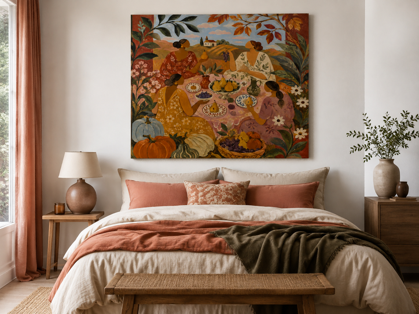 Fantasy Style Original Canvas Painting Of Outdoor Picnic With Floral Details