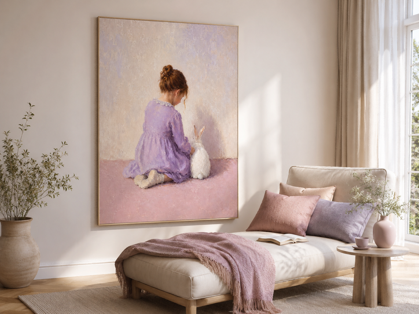 Classic Nursery Wall Art Girl And Bunny Painting For Kids Room