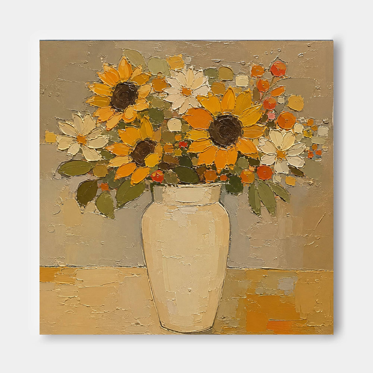 Hand-Painted Sunflower And Daisy Floral Canvas Art In Gold Beige Tones