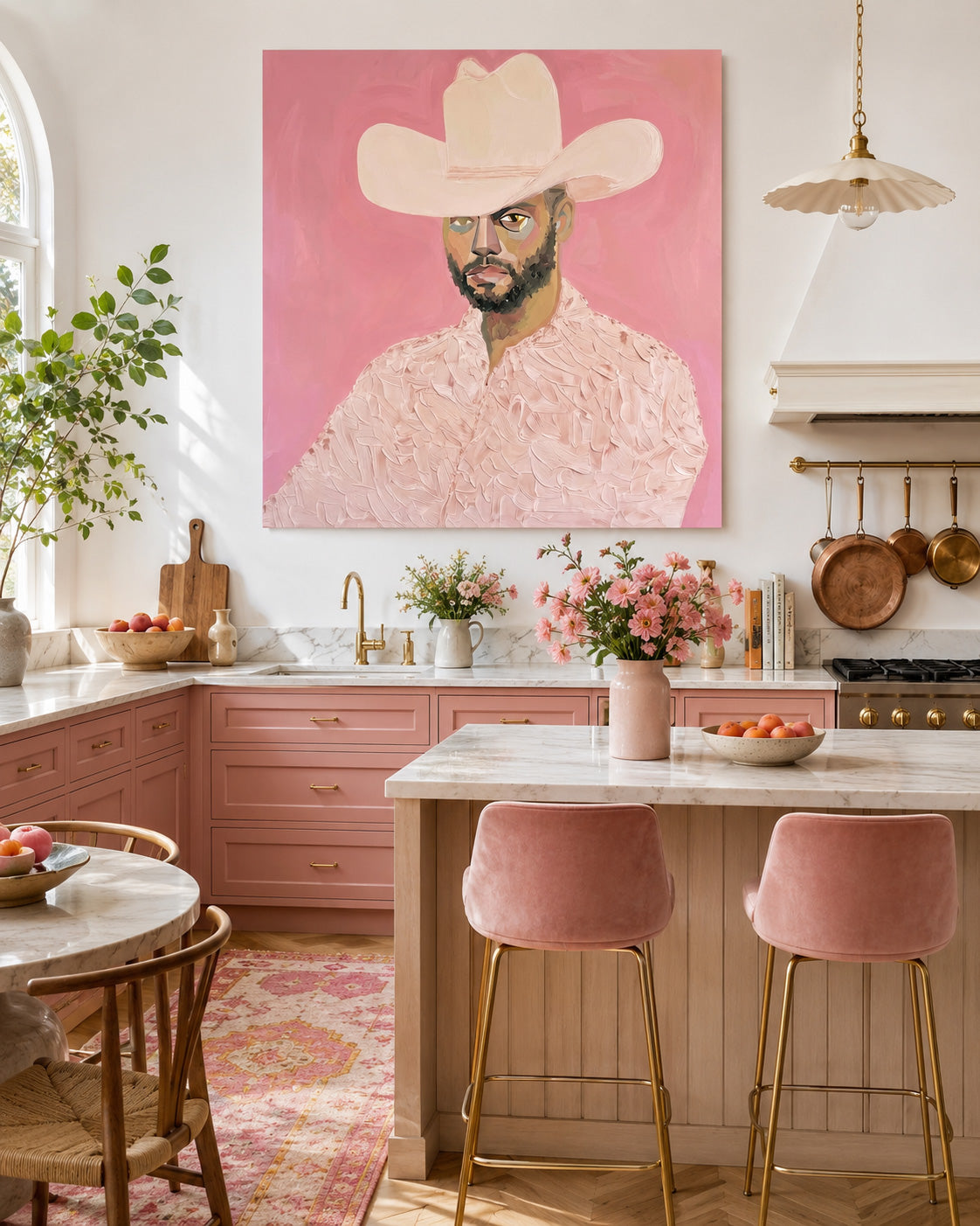 Modern Cowboy Portrait Painting On Canvas With Pink Background For Living Room Decor