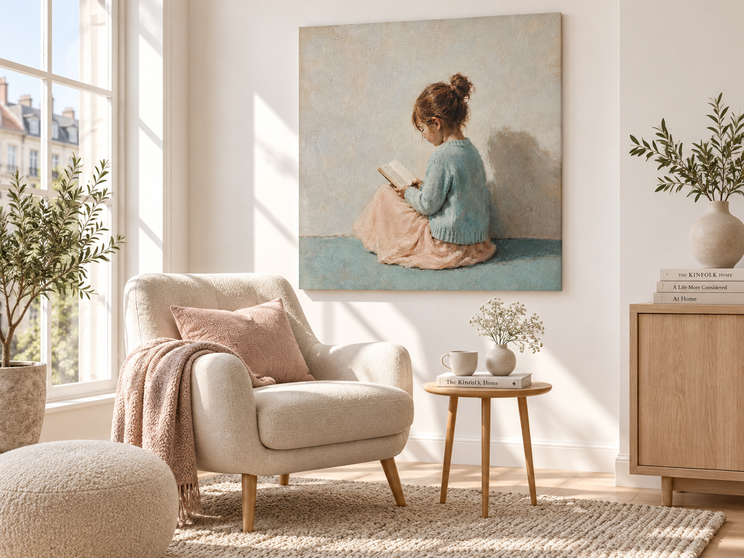 Girl Reading Book Hand-Painted Canvas Art With Blue Sweater And Gray Wall