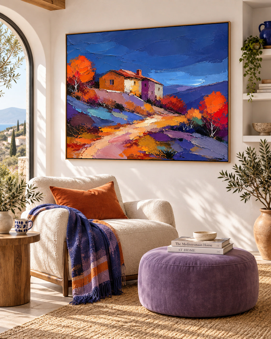 Hand-Painted Autumn Landscape With Cottage And Colorful Hills Canvas Art