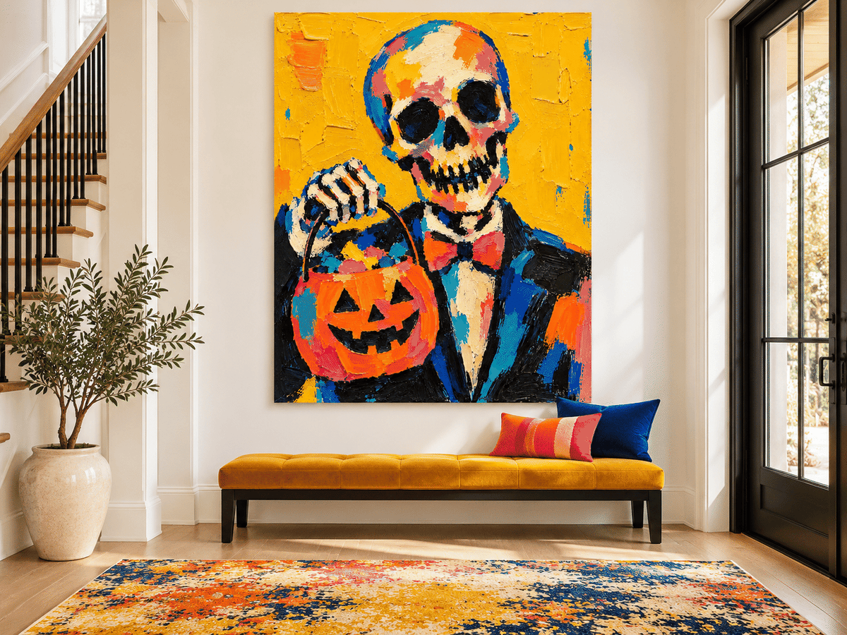 Modern Abstract Skeleton Painting With Retro Vintage Vibes Vibrant Halloween Wall Art