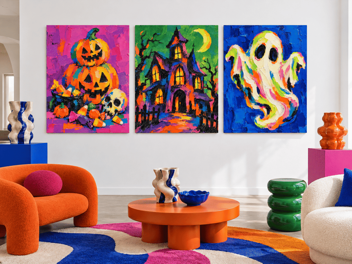 3P Hand-Painted Halloween Pumpkin Ghost Haunted House Canvas Art Set