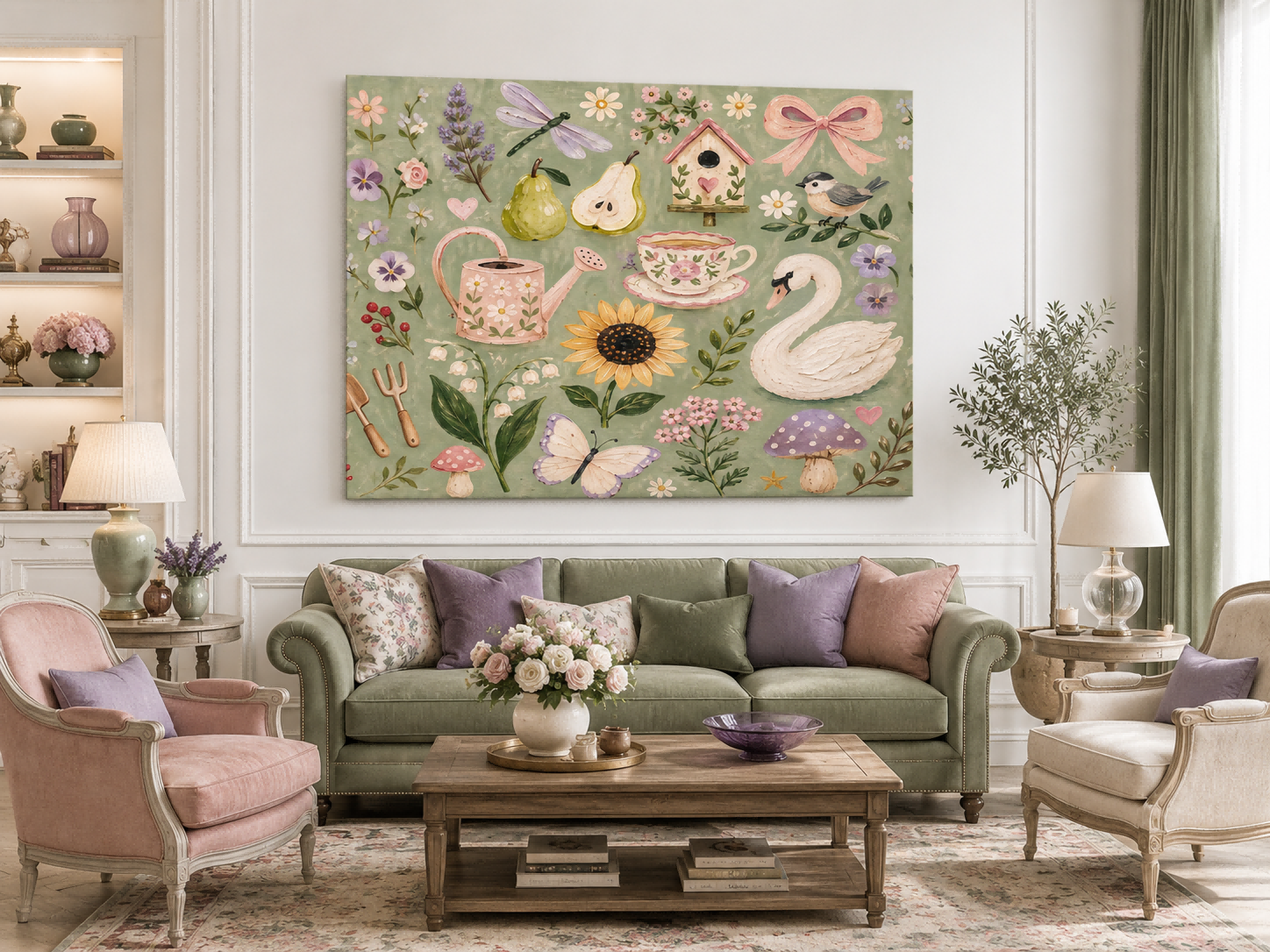 Pastoral Vintage Oil Painting With Sage Green Floral And Animal Motifs For Living Room Decor