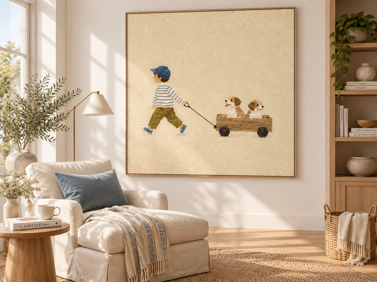 Warm Beige Kids Room Wall Art Boy And Dogs Original Painting