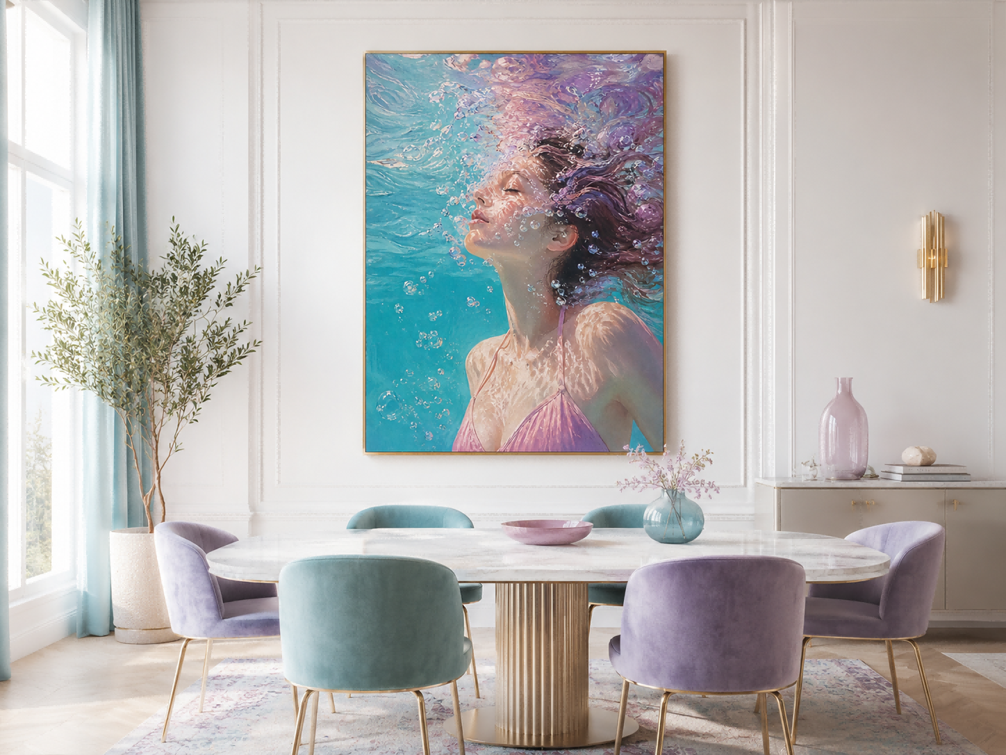 Modern Underwater Woman Painting With Bubbles And Soft Light For Home Decor