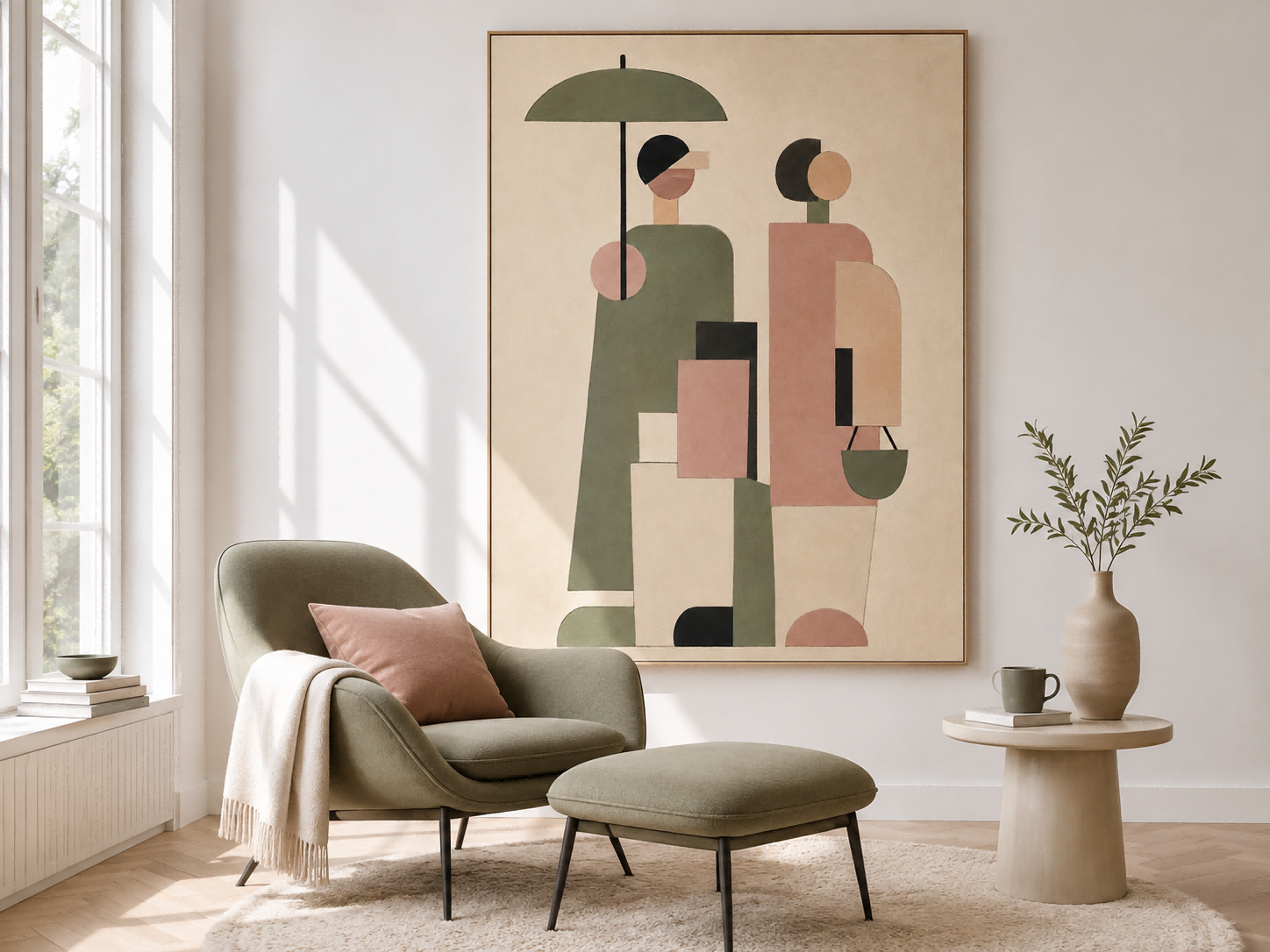 Abstract Geometric People Painting Hand-Painted Canvas Art With Umbrella In Beige Green Pink