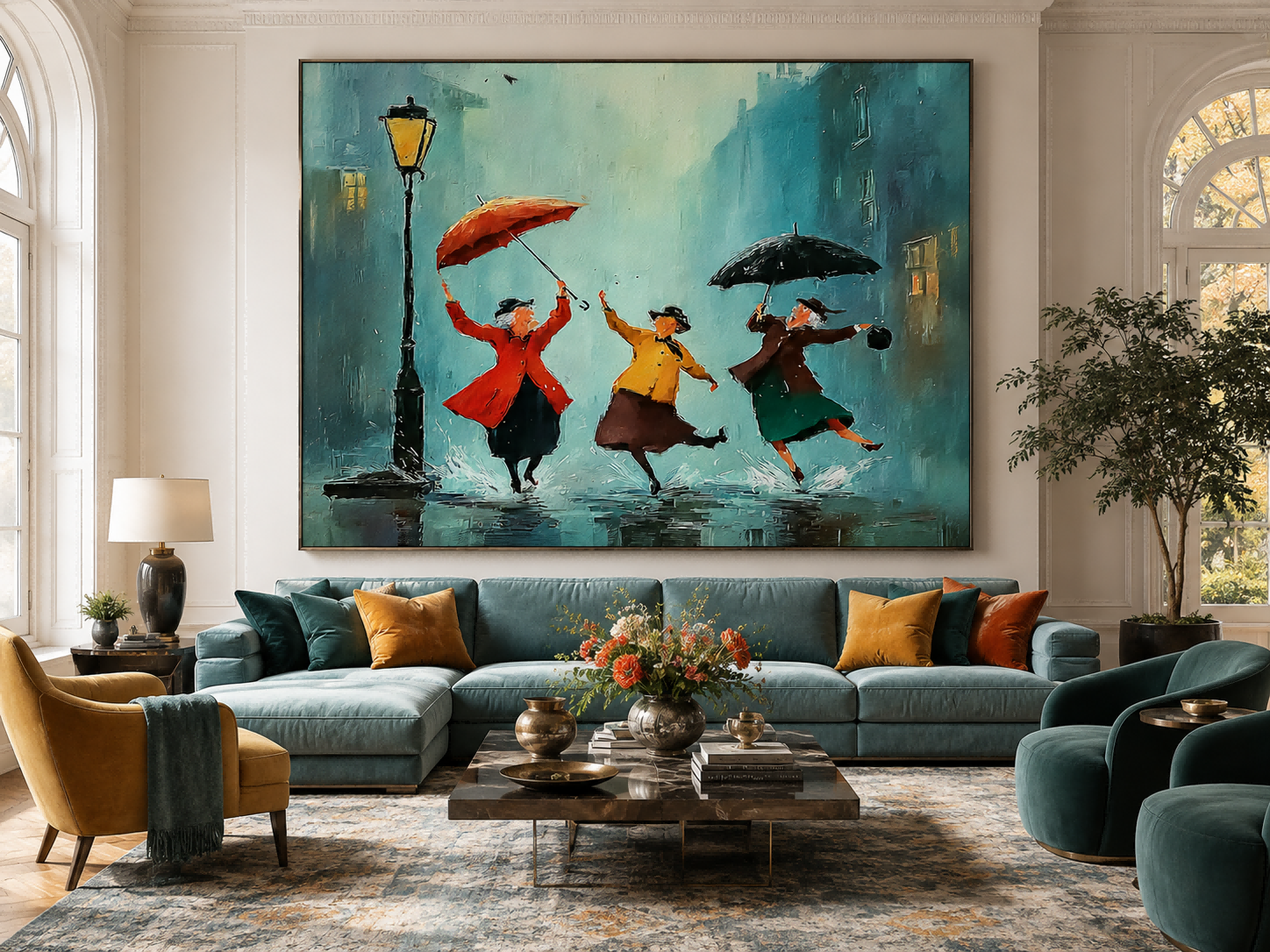 Vintage Style Oil Painting Depicting Friendship In City Rain With Umbrellas And Reflections For Lounge Wall Decor
