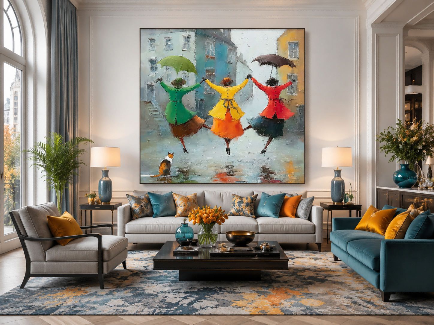 Joyful Friendship Canvas Art Depicting Women Dancing In Rainy City Street