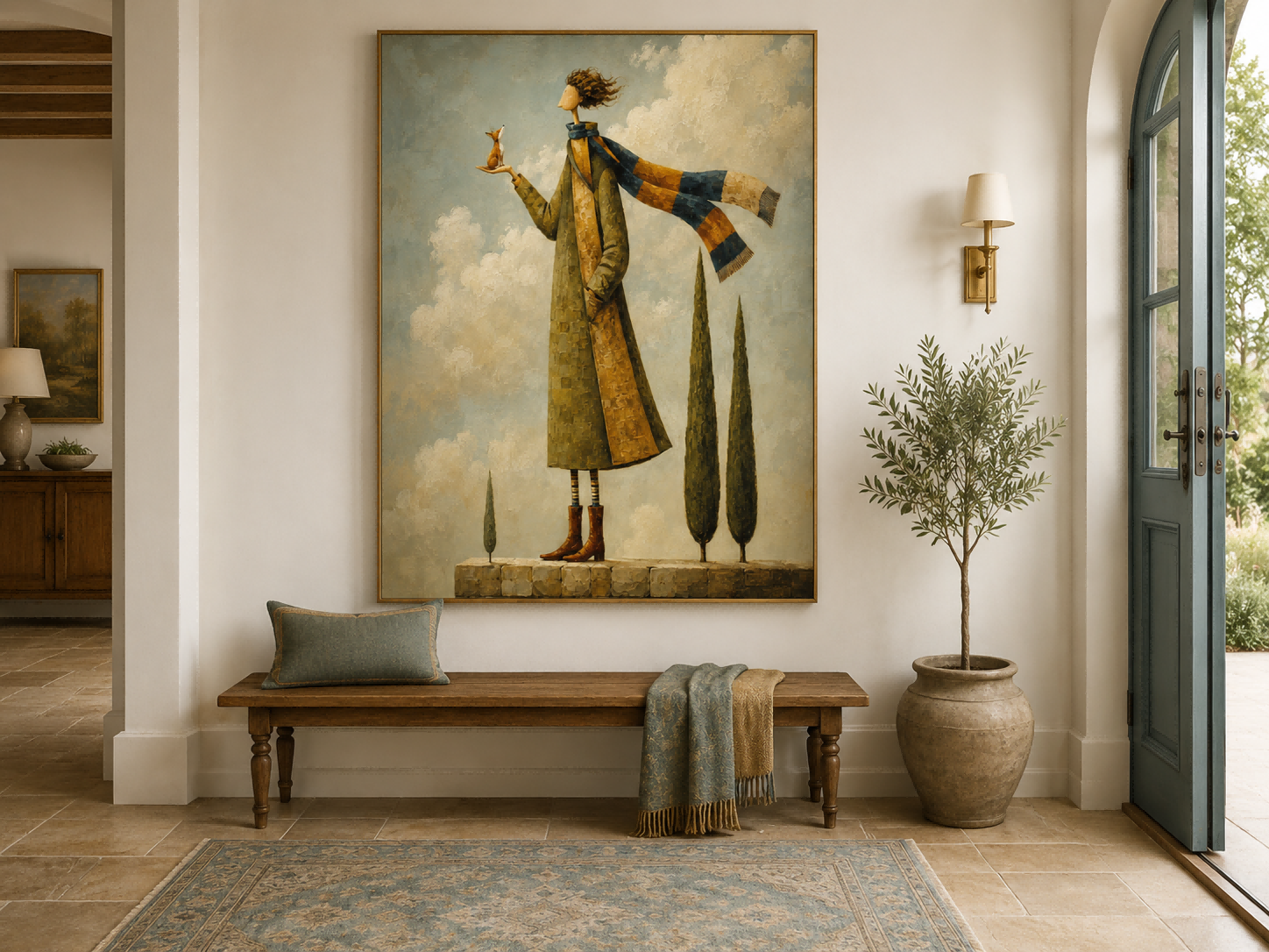 Modern Surrealist Canvas Painting Abstract Figure Art With Impasto Texture And Fox