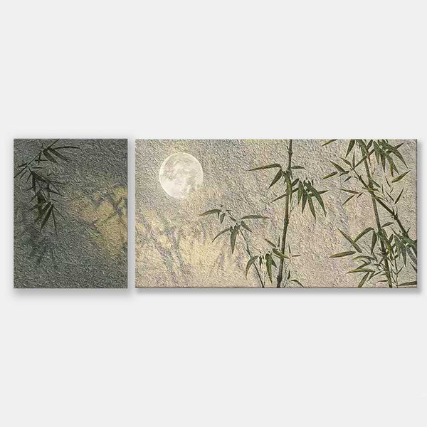 Set of 2 Abstract Bamboo Oil Paintings Contemporary Moonlight Canvas Wall Art National Style Artwork