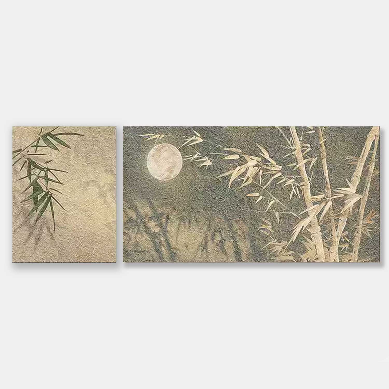 Set of 2 Contemporary Moonlight Canvas Wall Art Abstract Bamboo Oil Paintings National Style Artwork