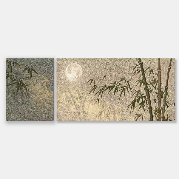 Set of 2 Contemporary Texture Moonlight Canvas Wall Art Abstract Bamboo Oil Paintings National Style Artwork