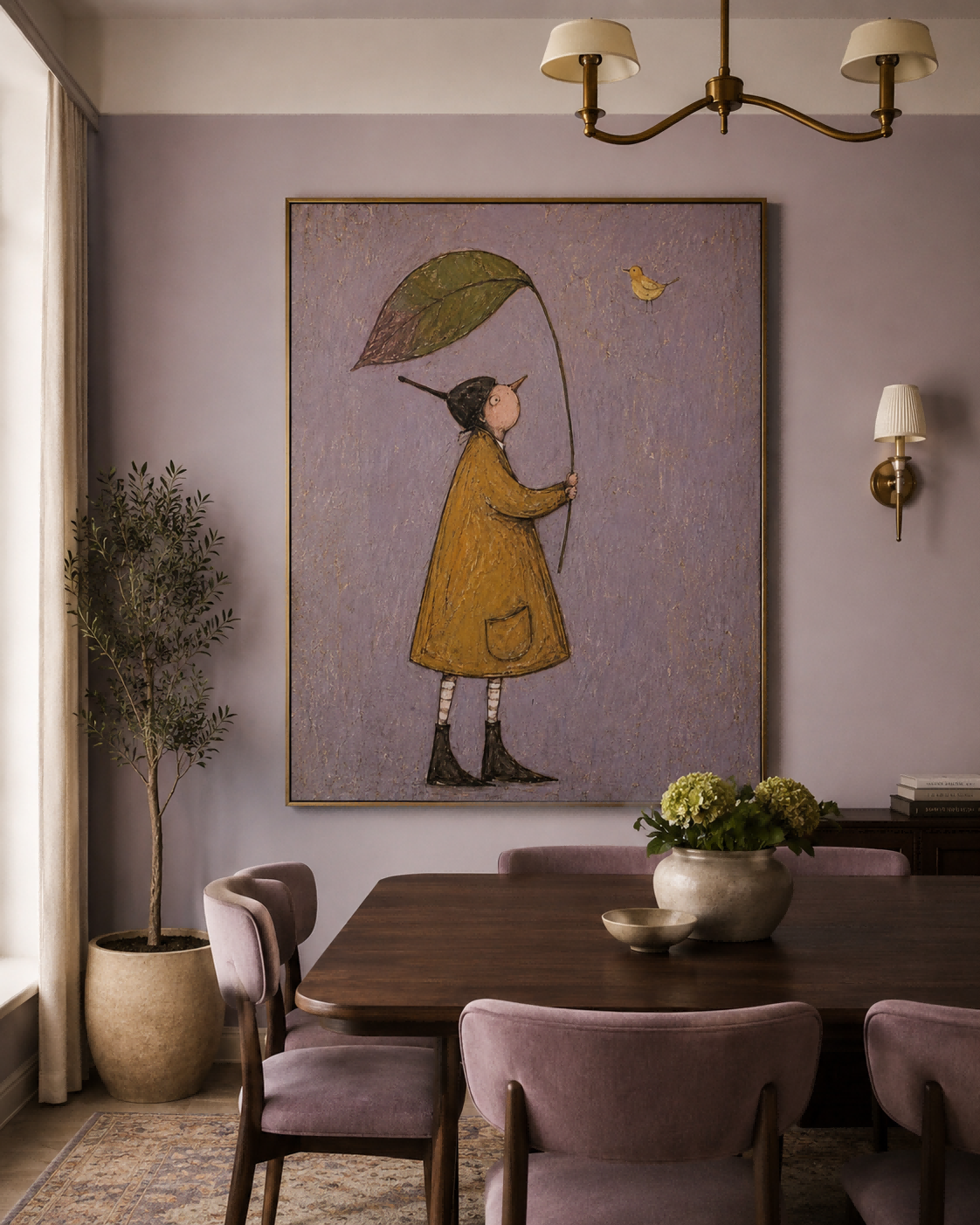 Whimsical Person With Leaf And Bird Vintage Canvas Painting