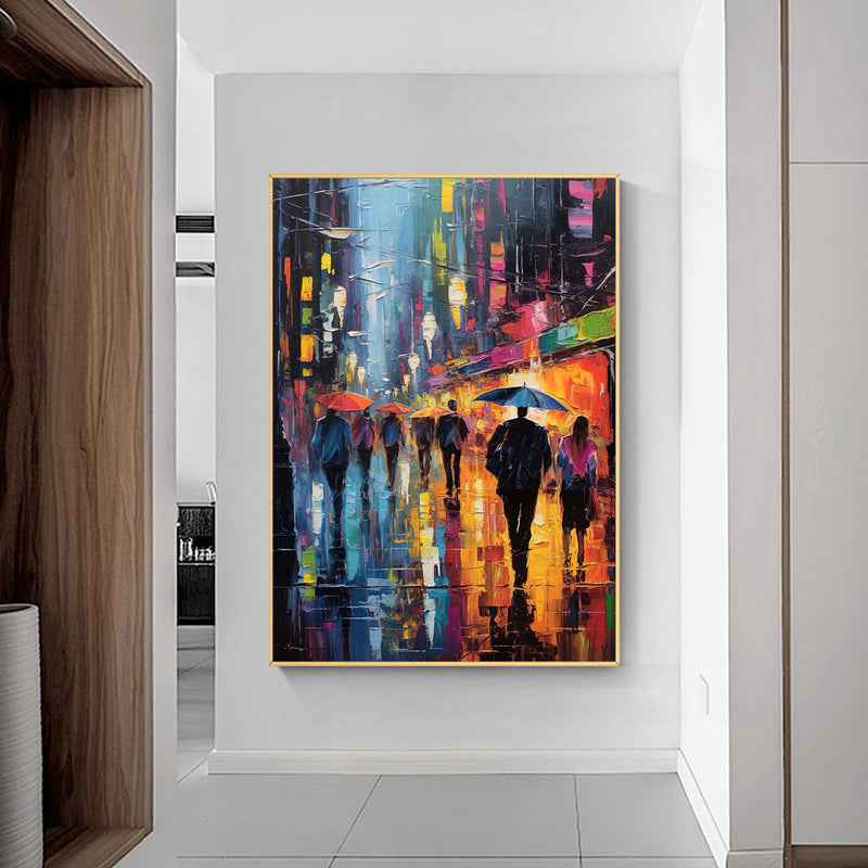 Abstract Rainy Night Cityscape Oil Painting On Canvas Original Modern Urban Scene Art Large Wall Art Home Decor
