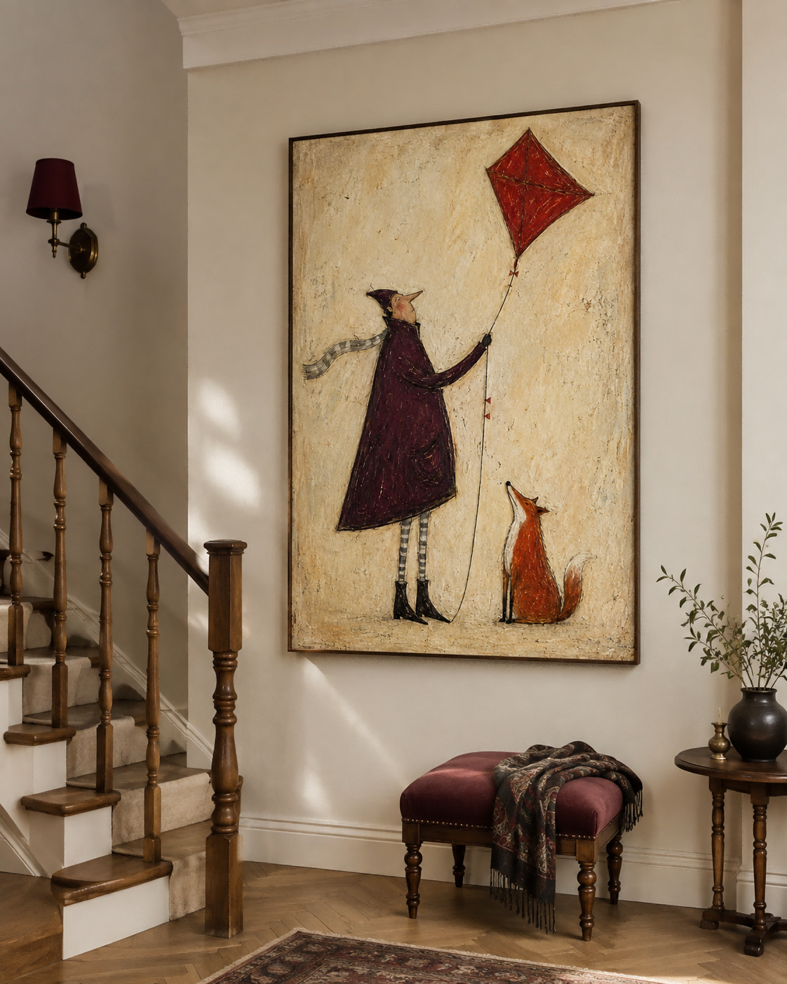 Whimsical Vintage Illustration Hand-Painted Canvas Art With Fox And Kite